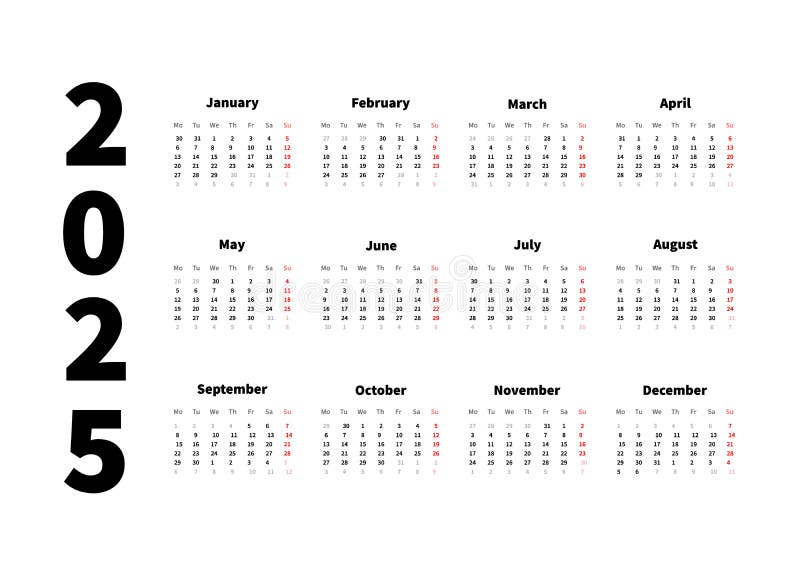 2025 Year Simple Horizontal Calendar in English, Typographic Calendar