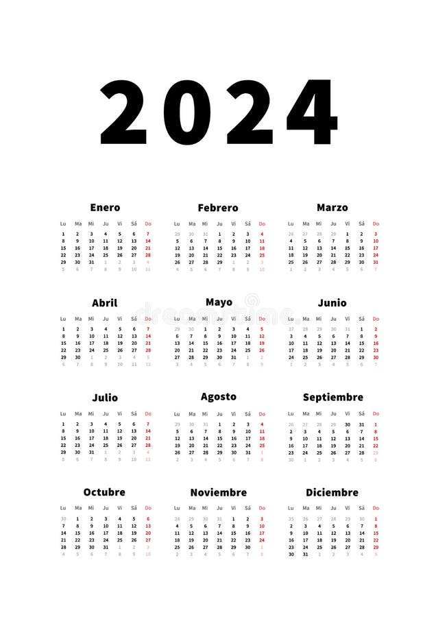 2024 Year Simple Vertical Calendar in Spanish Language, Typographic