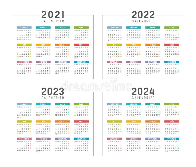 years-2021-2022-2023-2024-french-colorful-calendars-stock-vector