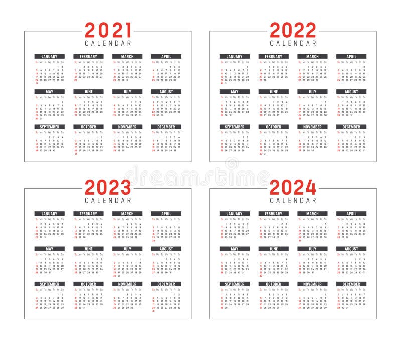 Calendar 2021 2022 2023 2024 Years Set Stock Vector Illustration