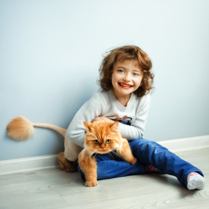 5 years old smiling girl hug red persian cat with short haircut in lion style on gray background. Child smiles and tries to catch