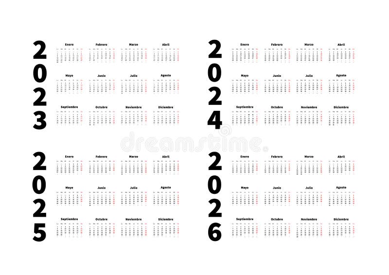 2023-2024-2025-2026-years-simple-horizontal-calendars-set-in-spanish-language-typographic