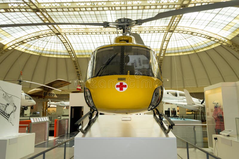 Yellow, air ambulance exposed in Technisches Museum, Vienna, Austria