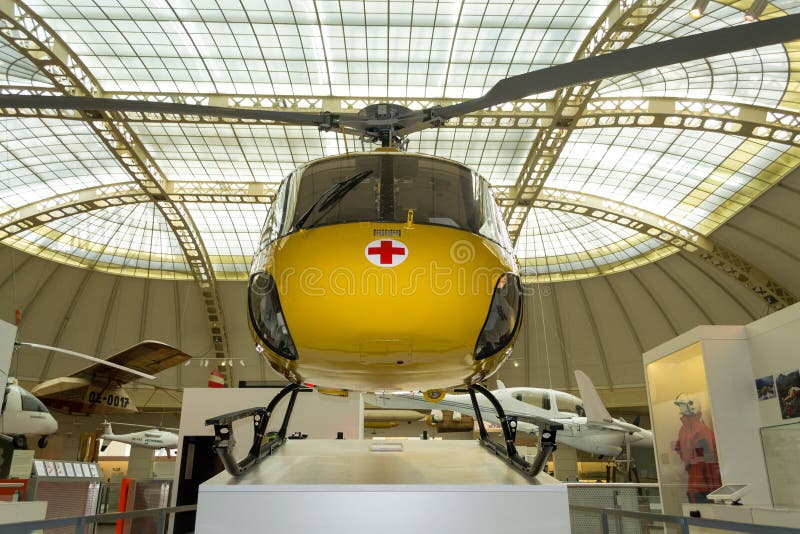 Yellow, air ambulance exposed in Technisches Museum, Vienna, Austria