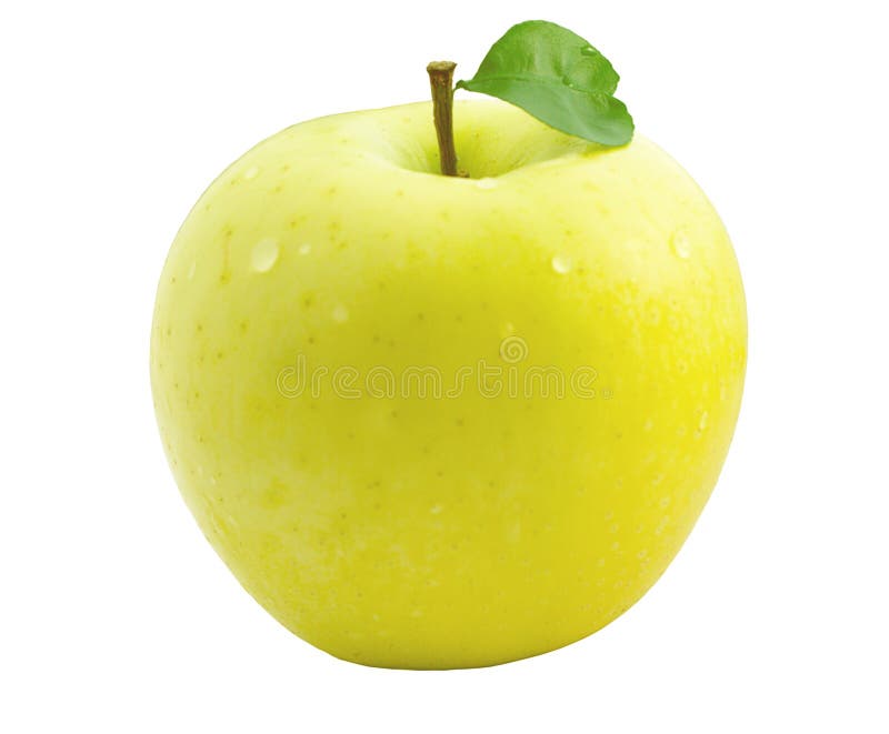 One ripe yellow apple fruit with green leaf isolated on white