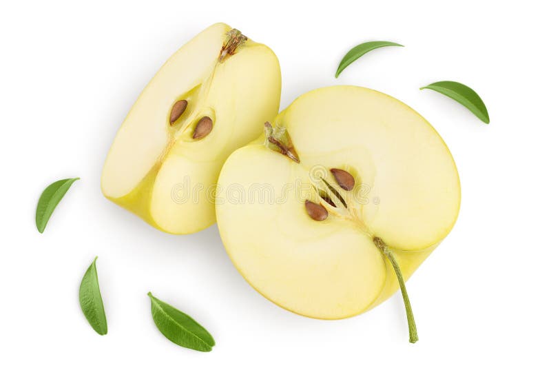 Yellow apple half isolated on white background with clipping path and full depth of field. Top view. Flat lay.