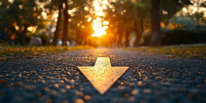 A yellow arrow points towards the sunset on a paved path stock illustration