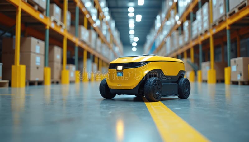 Yellow autonomous mobile robot navigates modern warehouse aisles. Advanced technology robot optimizes logistics, inventory stock illustration