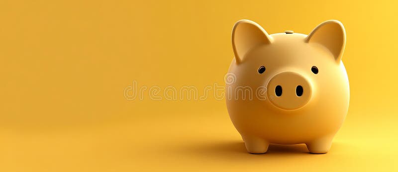 A yellow background is featured in this image, which includes a piggy bank, a bank note, and some copy space stock photography