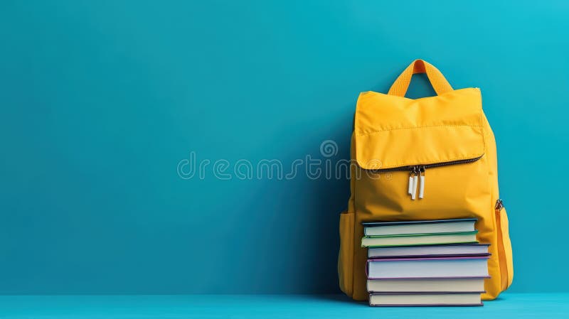 A yellow backpack with books on a blue background royalty free illustration