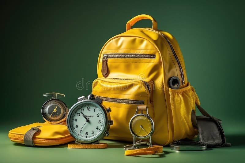 A Yellow Backpack Containing a Clock and Various Items, Yellow Backpack with an Alarm Clock and