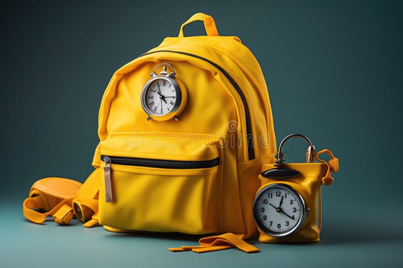A Yellow Backpack is Seen Next To a Clock on a Table in a Welllit Room Interior, Yellow