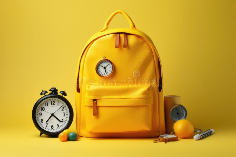 A Yellow Backpack is Seen Placed beside an Alarm Clock, Yellow Backpack with an Alarm Clock and