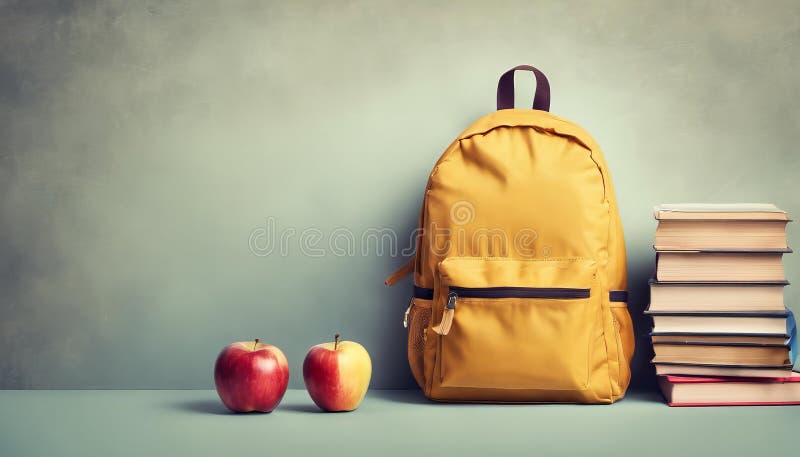 Yellow backpack sits on a table with two apples and a stack of books stock image
