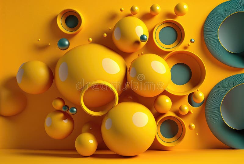 Yellow Balls and Rings, Bright Abstract Background. Generative AI Stock