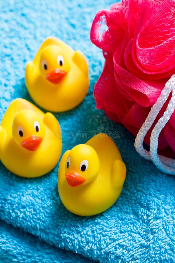 Yellow Bath Ducks and Bath Puff Stock Image Image of bathroom