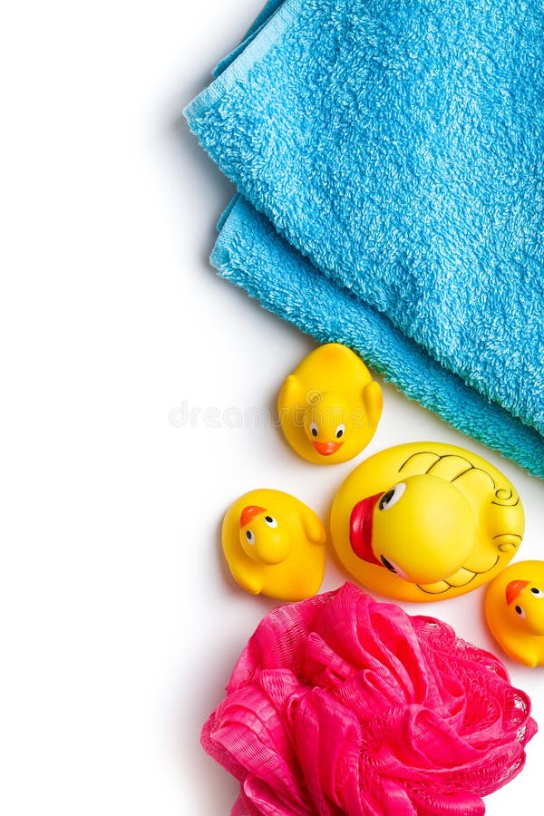 Yellow Bath Ducks and Bath Puff Stock Photo Image of baby, clean