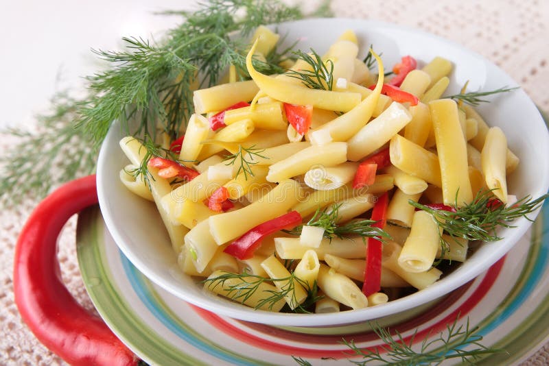 Yellow Beans, Marinated with Chilli, Dill and Garlic Stock Photo