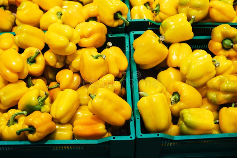 Yellow Bell Peppers on the Counter in the Store. Lots of Objects in a
