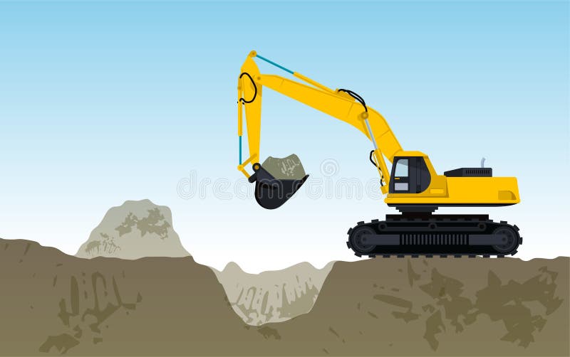 Yellow big digger builds roads gigging of hole ground works digging of sand coal waste rock and gravel illustration for internet banner poster or icon flatten illustration vector