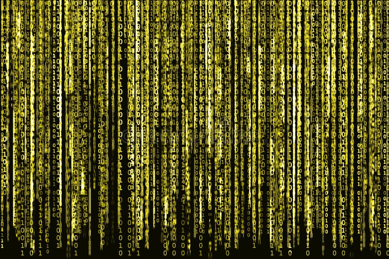 Big Yellow Binary code as matrix background, computer code with binary characters shining.