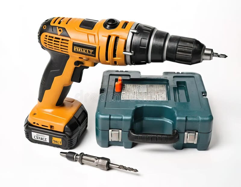 A yellow and black drill bit is next to a blue tool case vector illustration.