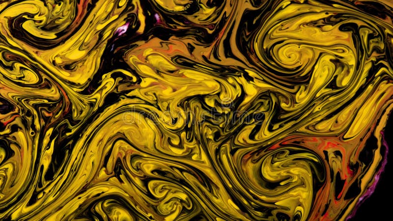 Yellow and black psychedelic patterns of multi-colored paints mixed with each other royalty free stock photos
