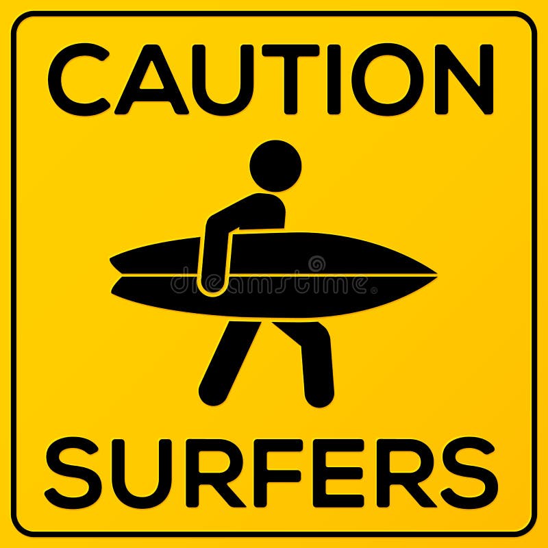 Yellow and black square caution sign with surfer