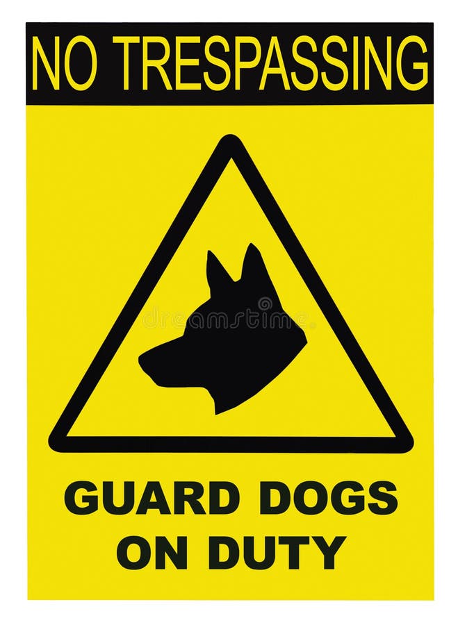 Yellow black triangle No Trespassing Guard Dogs On Duty Text Sign, isolated, large detailed closeup stock photo