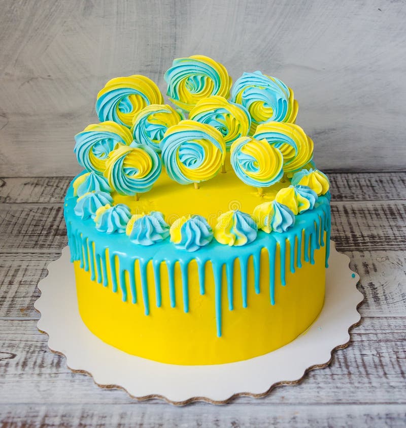 Yellow Blue Cream Cheese Color Drip Cake Merengues Stock Photos Free