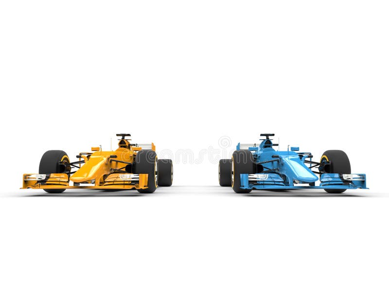 Yellow and blue formula one cars - side by side stock illustration