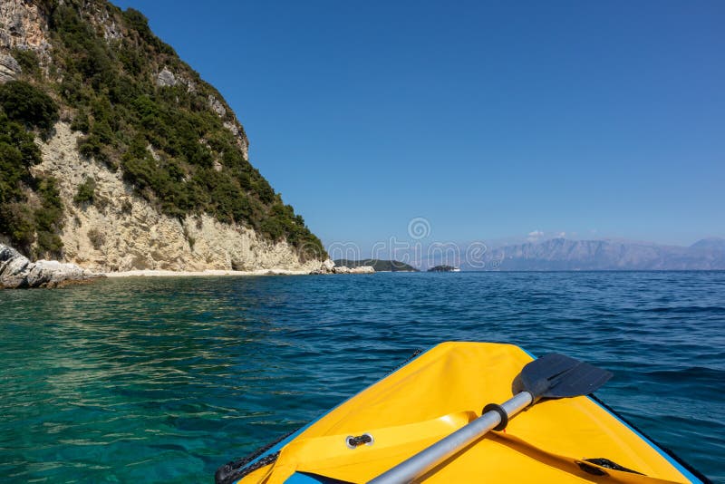 Yellow boat on Ionian sea, Lefkada island, Greece