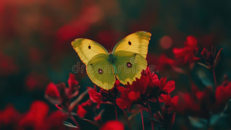 A yellow butterfly sitting on a red flower vector illustration