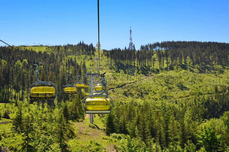 Yellow cable car on skrzyczne mountain in poland