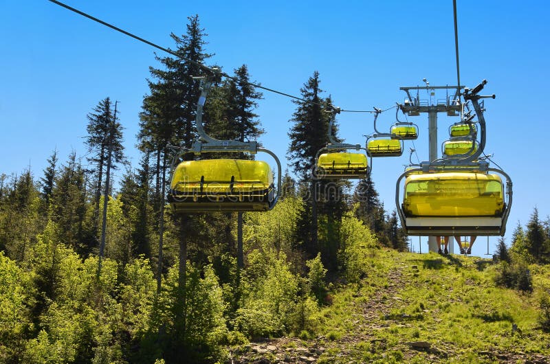 Yellow cable car on skrzyczne mountain in poland