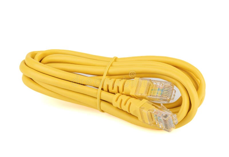 Yellow cable with RJ45 connectors on a white background. Copy space.