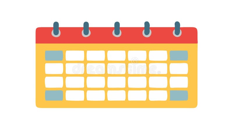 Yellow calendar icon, date and schedule symbol , vector design Generative AI. A vibrant yellow rectangular icon representing a calendar page with numbered days and red rings at the top. This symbol signifies dates, appointments, scheduling, events, planning, and time management activities, , vector design Generative AI
