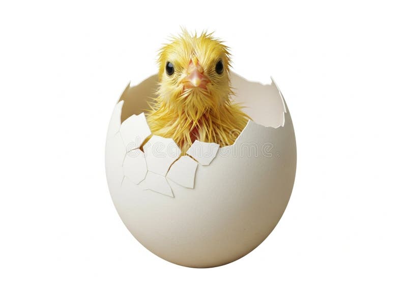 Yellow chick emerging from a cracked white eggshell. The chick\'s down feathers stock illustration