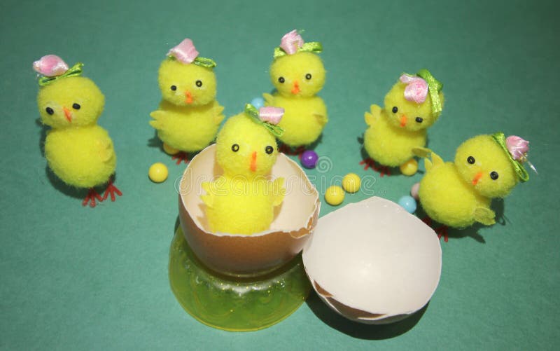 Yellow chicken hatched from an egg, toys on a green background stock images