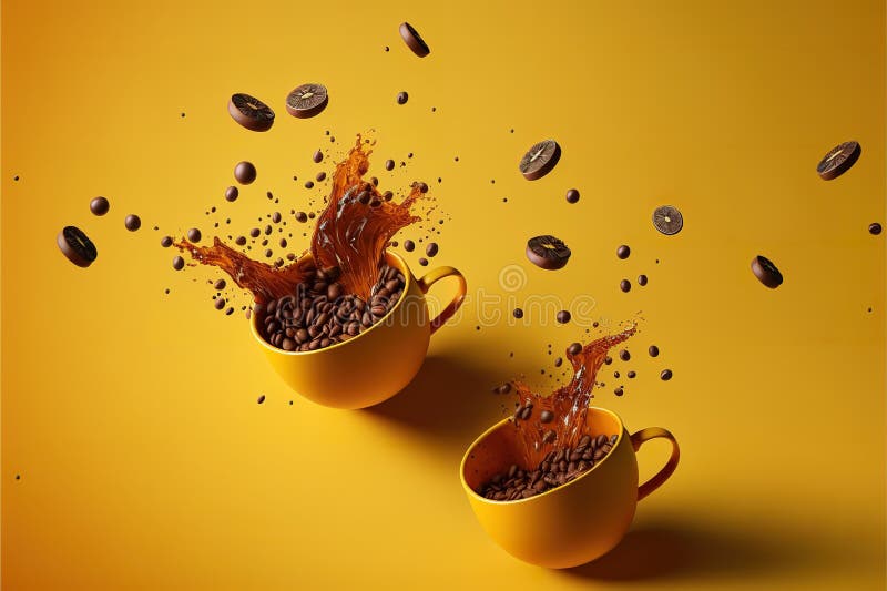Yellow Coffee Cups and Roasted Coffee Beans Flying on a Yellow