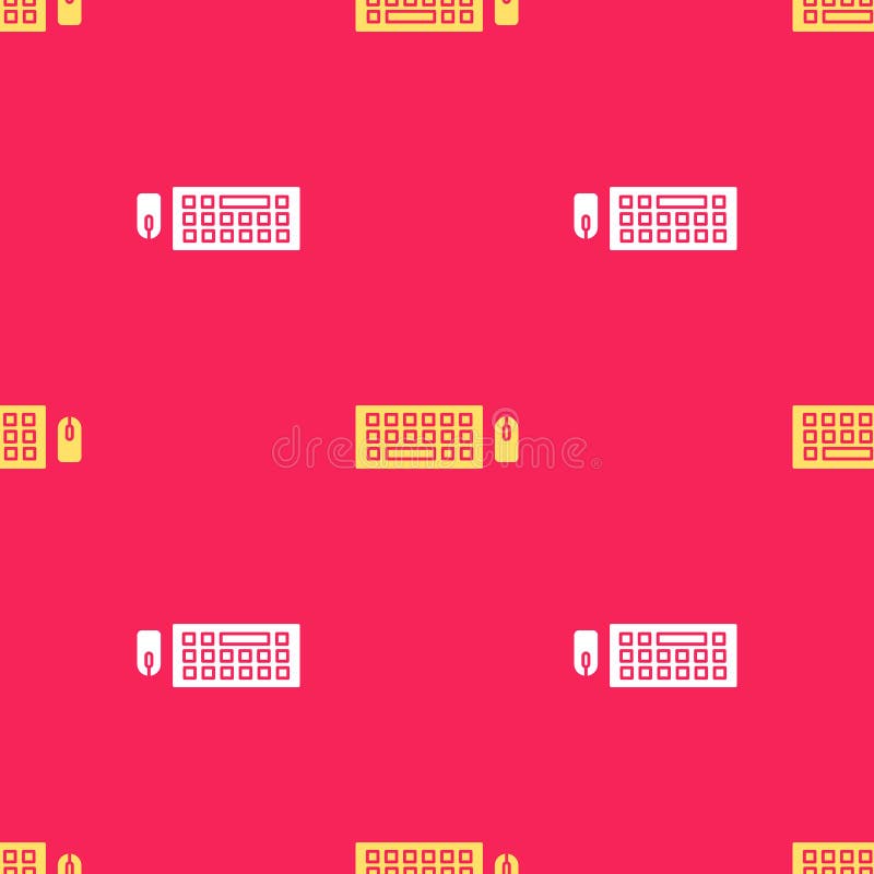 Yellow Computer keyboard and mouse icon isolated seamless pattern on red background. PC component sign. Vector stock illustration