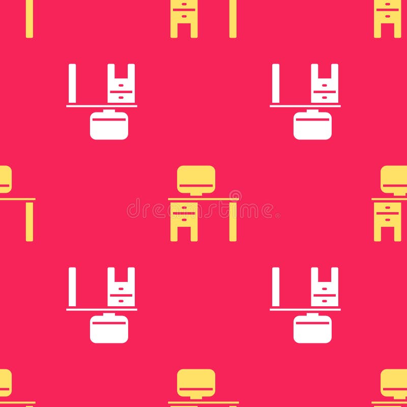 Yellow Computer monitor and desk icon isolated seamless pattern on red background. PC component sign. Vector vector illustration