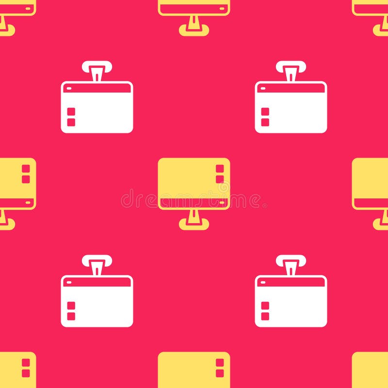 Yellow Computer monitor screen icon isolated seamless pattern on red background. Electronic device. Front view. Vector vector illustration