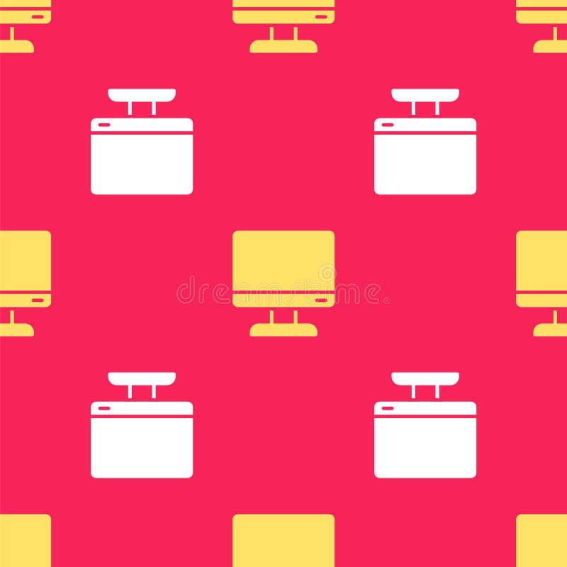 Yellow Computer monitor screen icon isolated seamless pattern on red background. Electronic device. Front view. Vector royalty free illustration