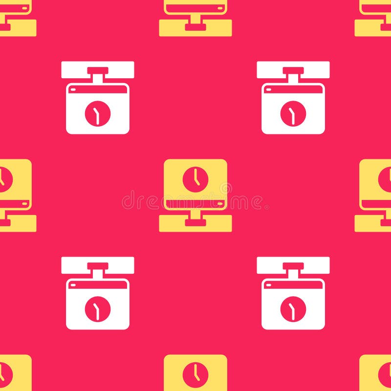 Yellow Computer monitor time icon isolated seamless pattern on red background. Electronic device. Front view. Vector royalty free illustration