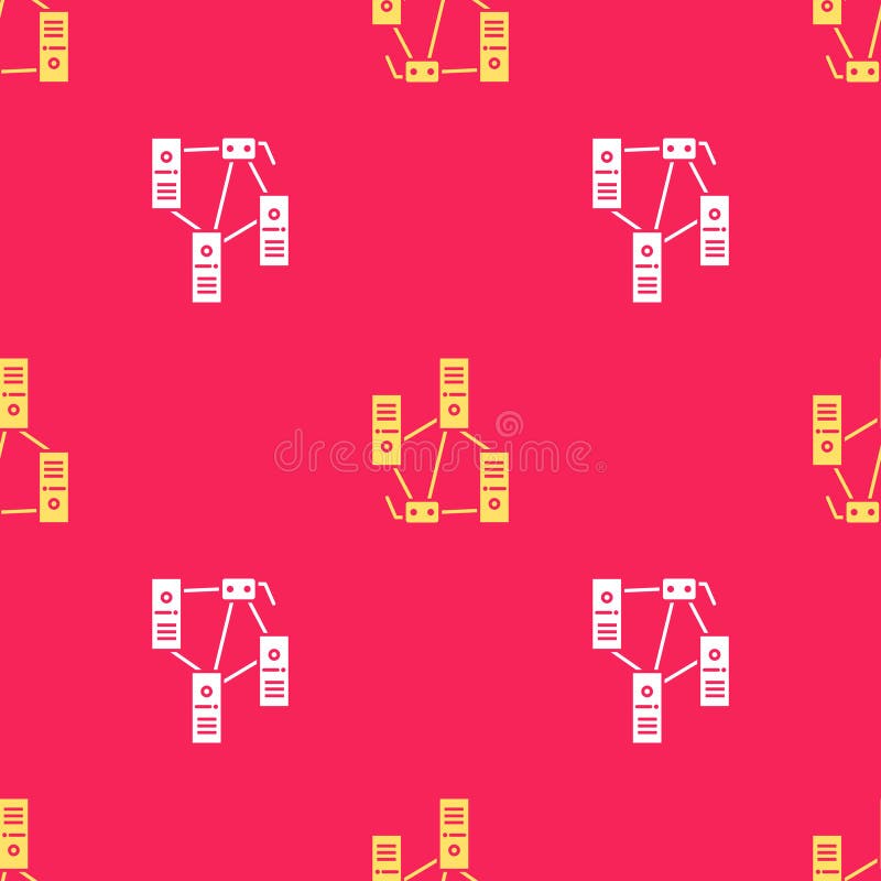 Yellow Computer network icon isolated seamless pattern on red background. Laptop network. Internet connection. Vector royalty free illustration