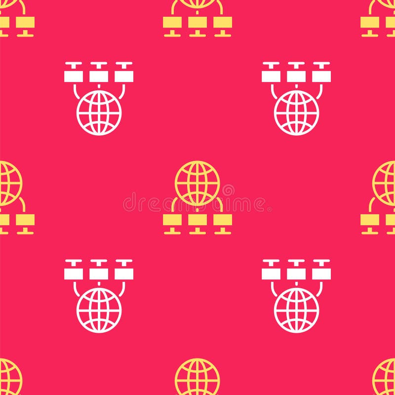 Yellow Computer network icon isolated seamless pattern on red background. Laptop network. Internet connection. Vector royalty free illustration