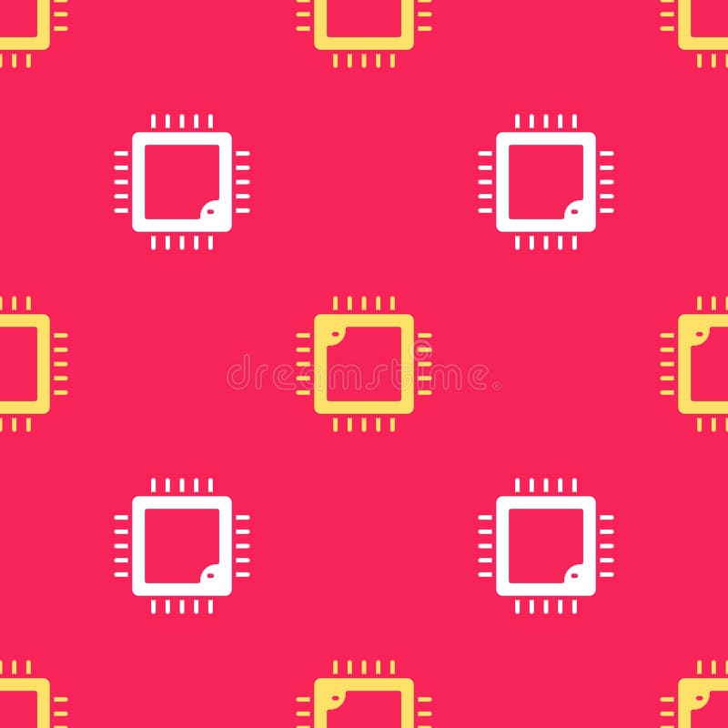 Yellow Computer processor with microcircuits CPU icon isolated seamless pattern on red background. Chip or cpu with vector illustration