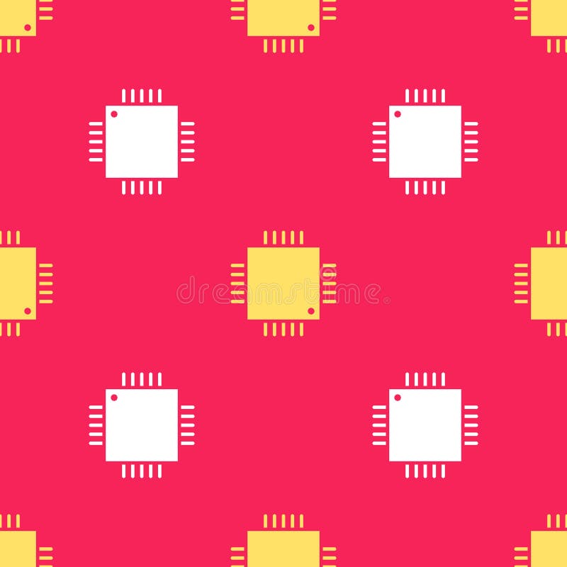 Yellow Computer processor with microcircuits CPU icon isolated seamless pattern on red background. Chip or cpu with circuit board sign. Micro processor. Vector Illustration.