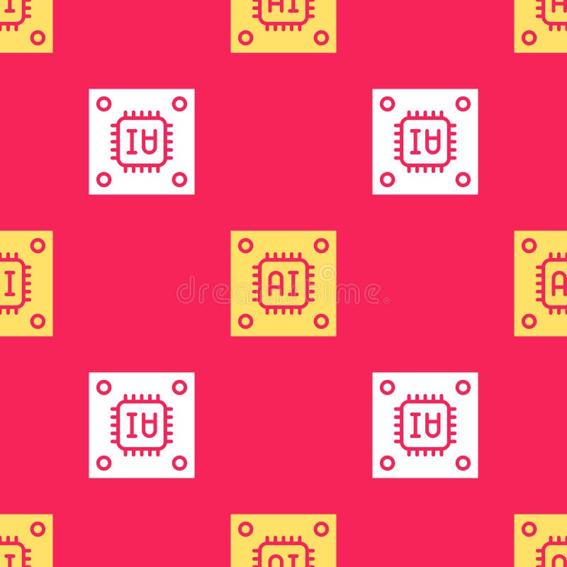 Yellow Computer processor with microcircuits CPU icon isolated seamless pattern on red background. Chip or cpu with vector illustration
